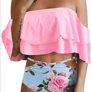2PC Off Shoulder Ruffled Pink Floral Bikini NWT